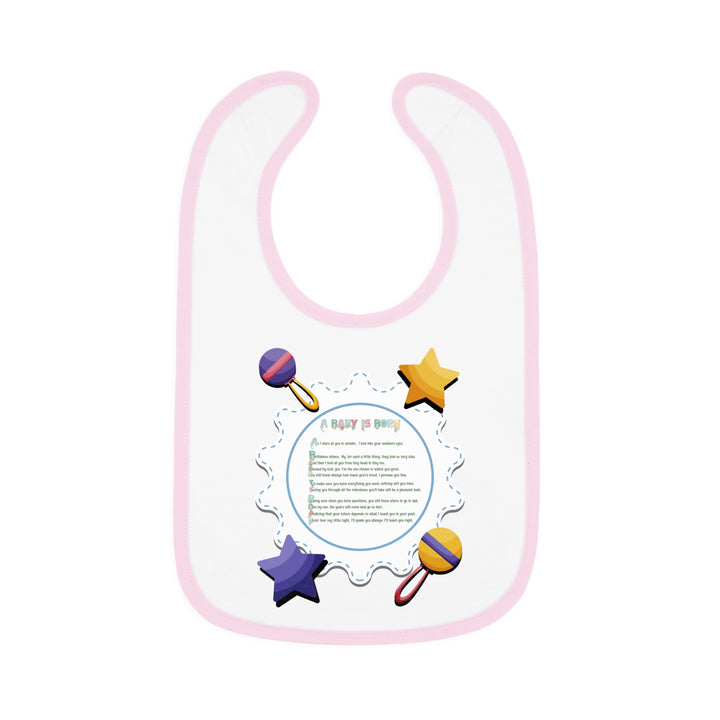 Baby Steps Acrostic Poem - Contrast Trim Jersey Bib - "A Baby is Born" - Rattles and Stars