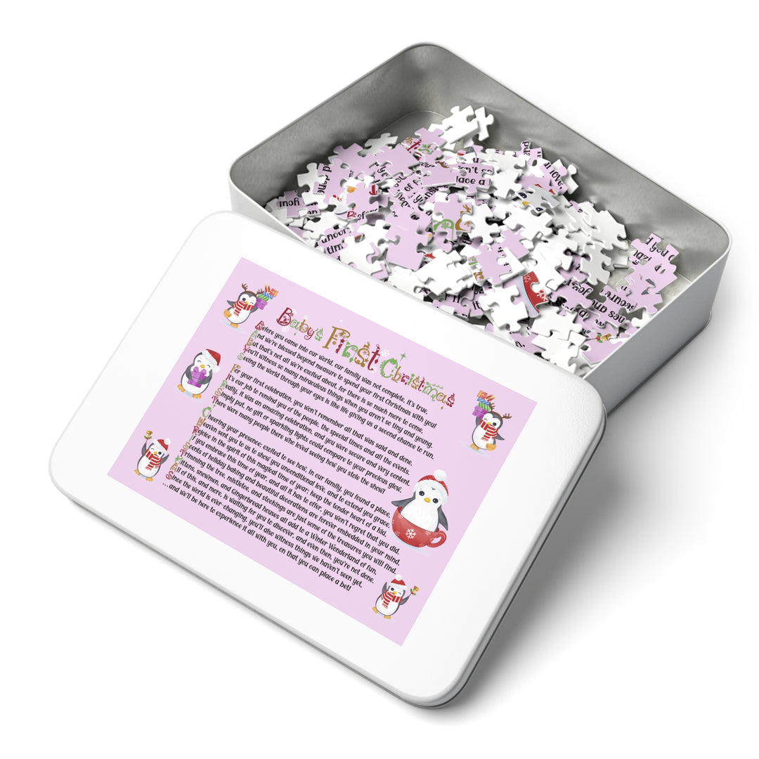 Baby's First Christmas Acrostic Poem Jigsaw Puzzle - Penguins - Lavender - Tin Box