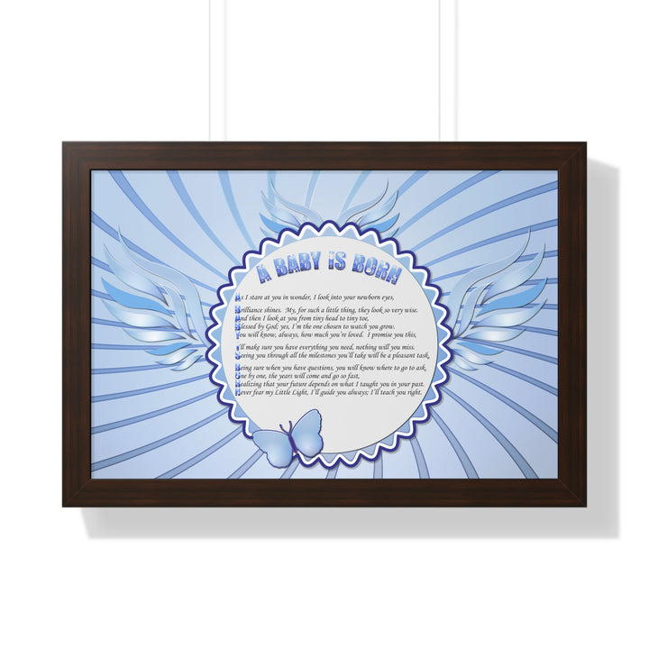 Baby Steps Acrostic Poem Framed Print "A Baby is Born "- Blue
