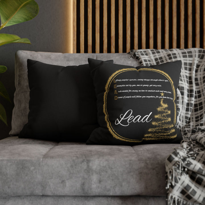 "Lead" Acrostic Poem Pillow Cover from "Learn, Lead, Believe" Collection - Black