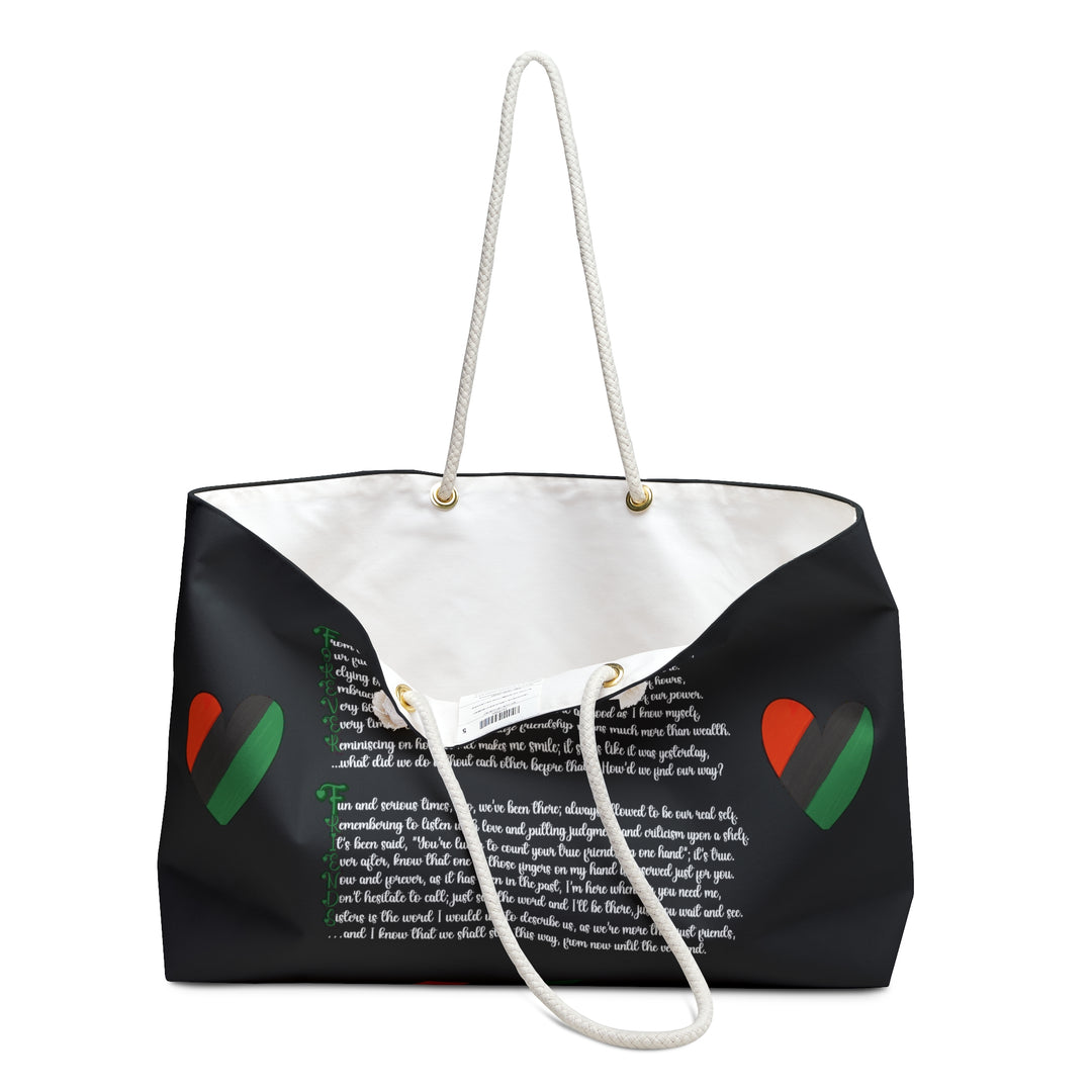 Black Weekender Tote Bag with Acrostic Poem Spelling Out "Forever Friends"