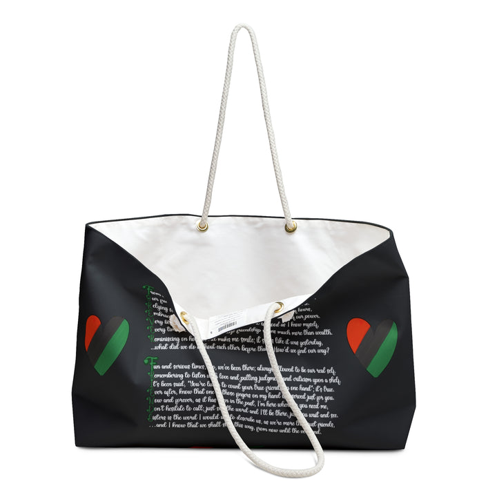 Black Weekender Tote Bag with Acrostic Poem Spelling Out "Forever Friends"