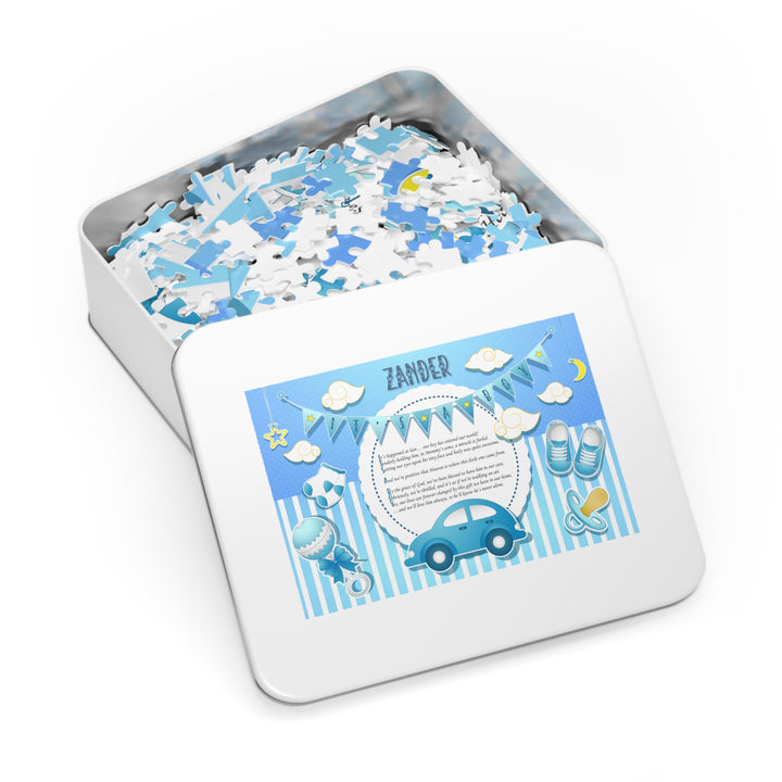 It's a Boy Acrostic Poem Puzzle - Blue Stripes - Tin Box - Personalized