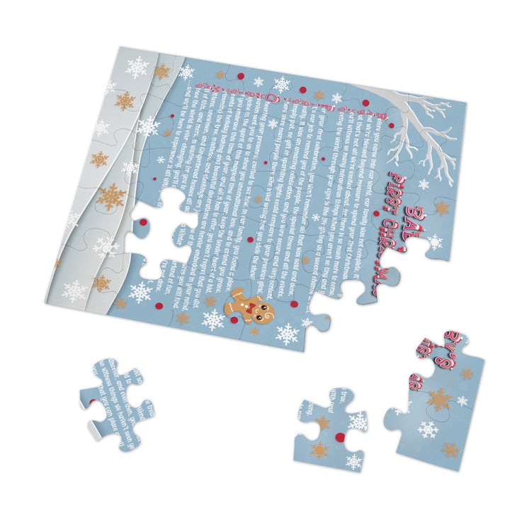 Baby's First Christmas Acrostic Poem Jigsaw Puzzle - Gingerbread - Blue - Tin Box