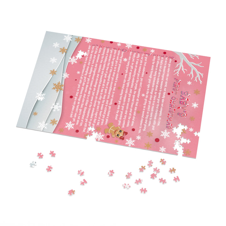 Baby's First Christmas Acrostic Poem Jigsaw Puzzle - Gingerbread - Pink - Tin Box