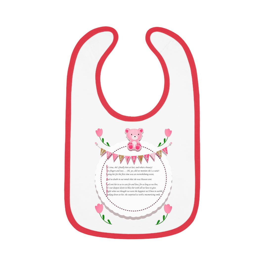 Baby Steps Acrostic Poem - Contrast Trim Jersey Bib - "It's a Girl" - Teddy Bear and Roses