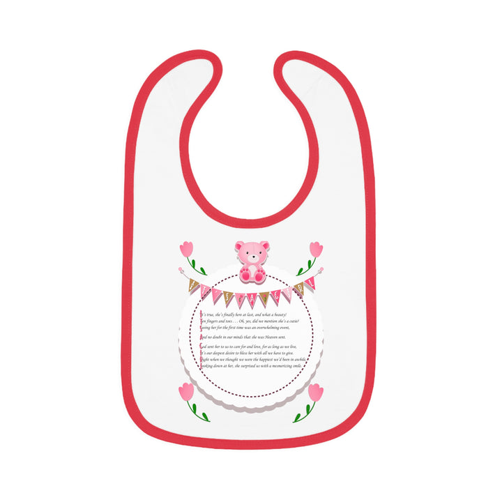 Baby Steps Acrostic Poem - Contrast Trim Jersey Bib - "It's a Girl" - Teddy Bear and Roses