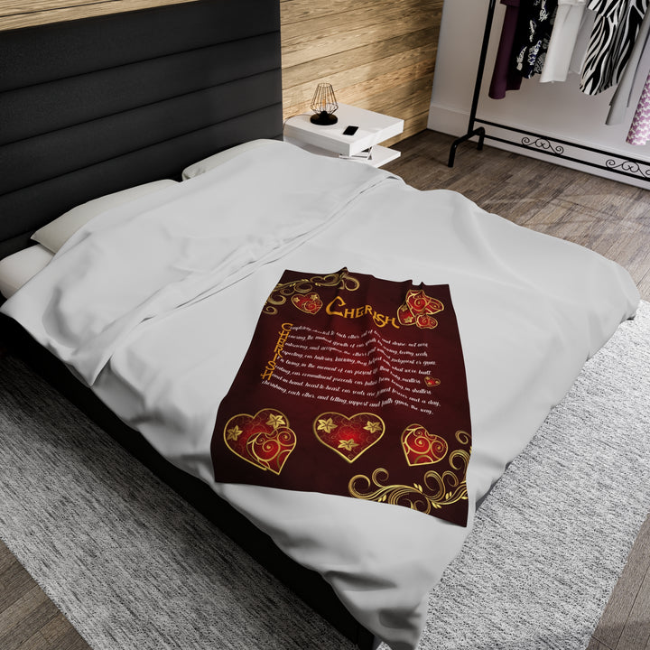 It's Just a Phrase Velveteen Plush Blanket with Acrostic Poem "Cherish" - Hearts and Gold Decor