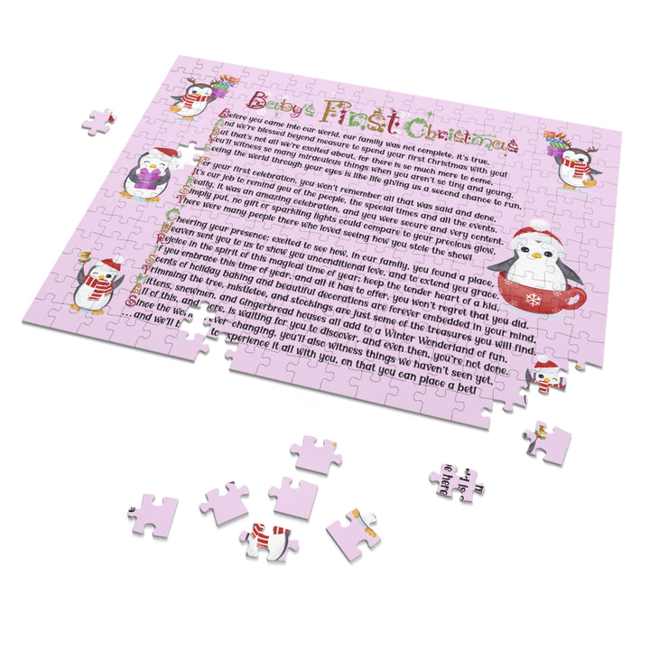 Baby's First Christmas Acrostic Poem Jigsaw Puzzle - Penguins - Lavender - Tin Box