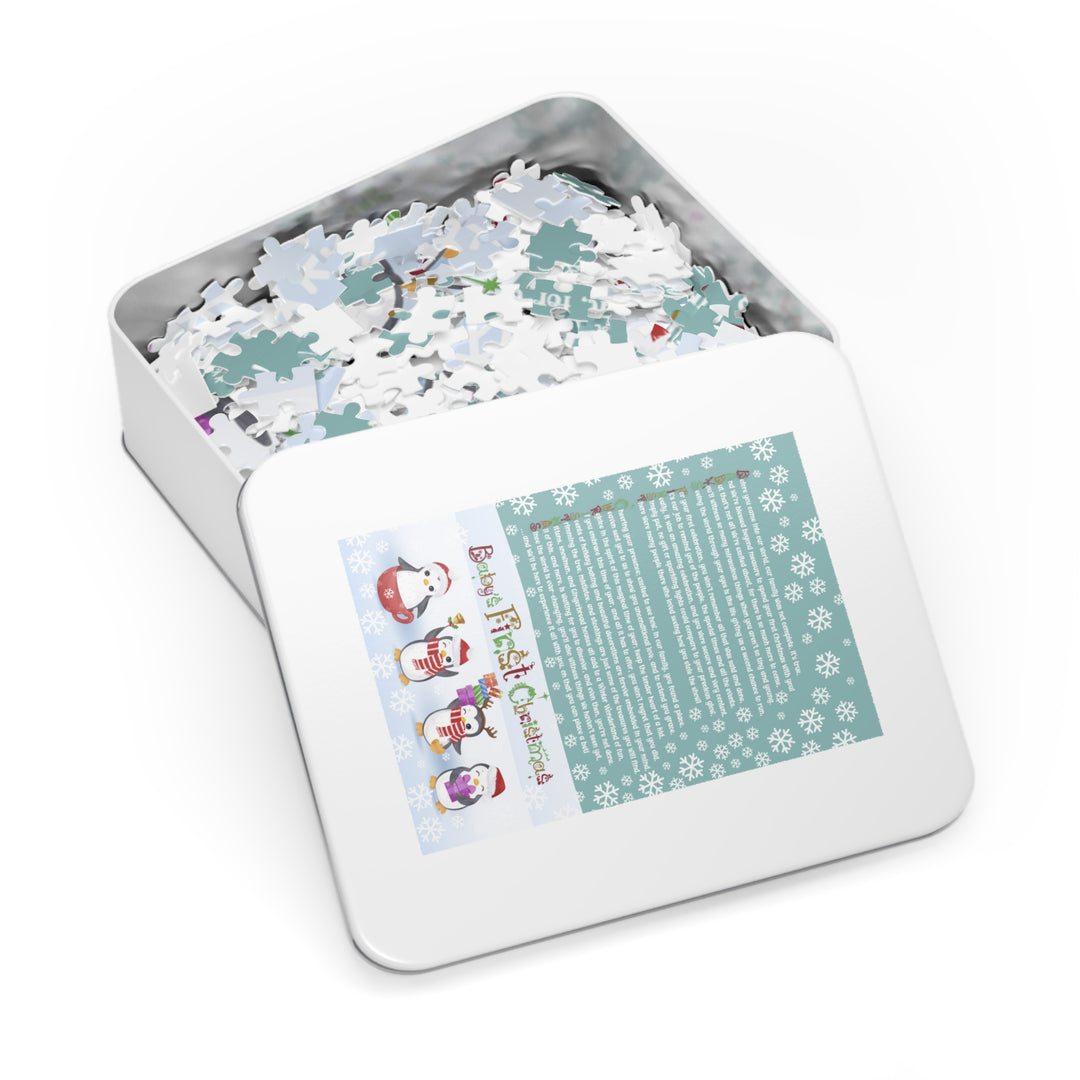 Baby's First Christmas Acrostic Poem Jigsaw Puzzle - Gingerbread - Penguins - Tin Box
