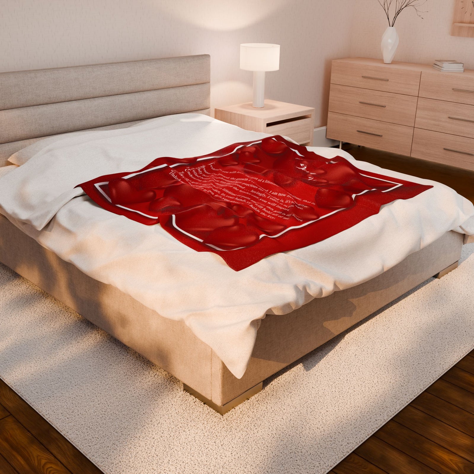 Bed with red floral blanket in a bedroom setting