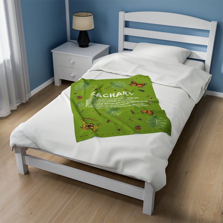 Namesakes Acrostic Poem on Black Velveteen Plush Blanket with Bug Design