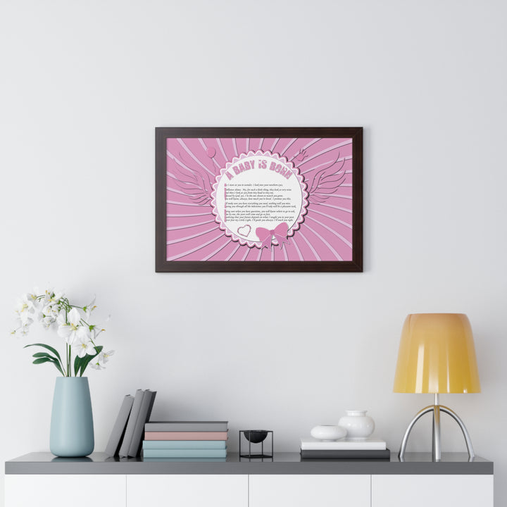Baby Steps Acrostic Poem Framed Print "A Baby is Born" - Pink
