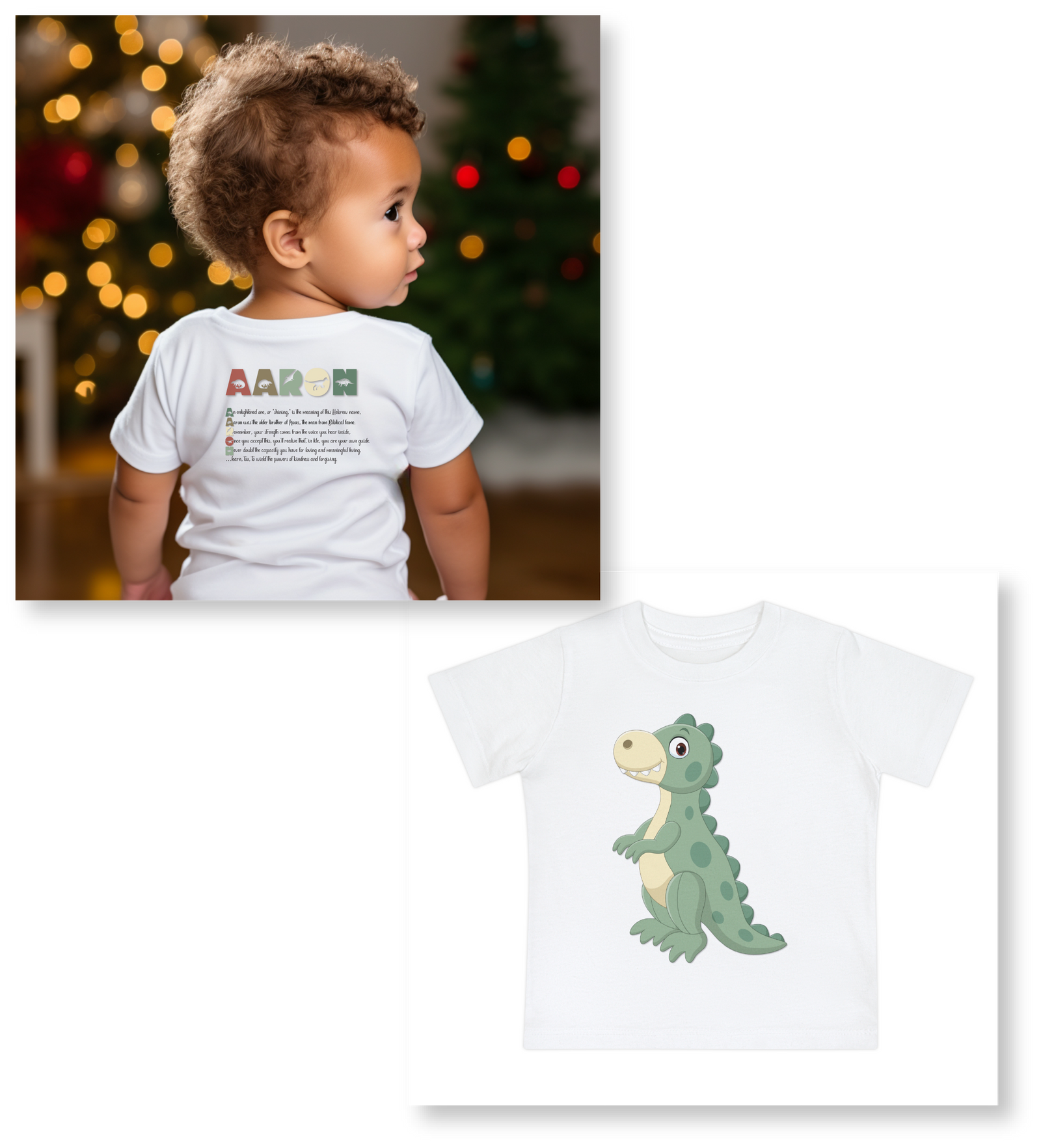 A white short sleeve t-shirt with a dinosaur graphic and an acrostic name poem on the front, with the back showing a different dinosaur graphic.