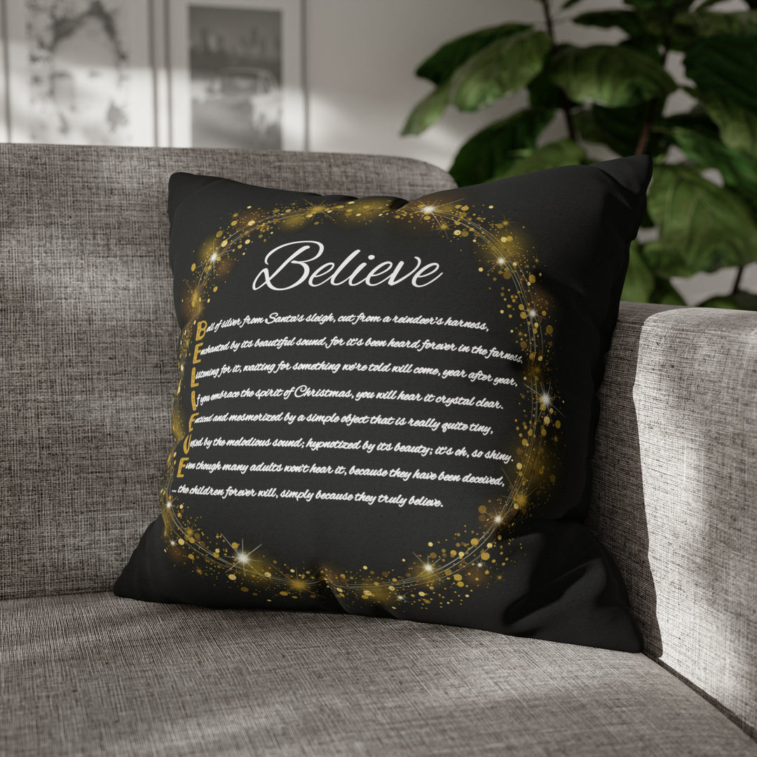 Holiday Pillow from "Learn, Lead, Believe" Collection with Acrostic Poem Spelling out "Believe".
