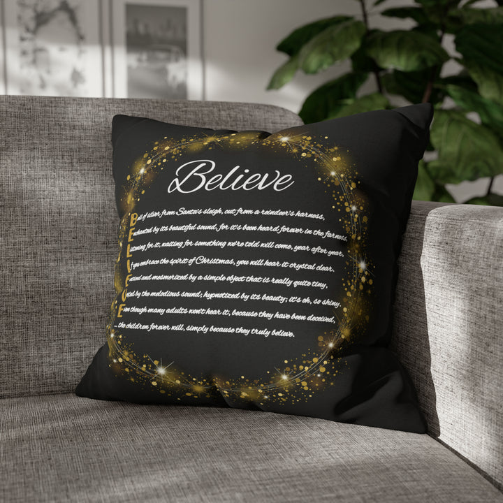 Holiday Pillow from "Learn, Lead, Believe" Collection with Acrostic Poem Spelling out "Believe".