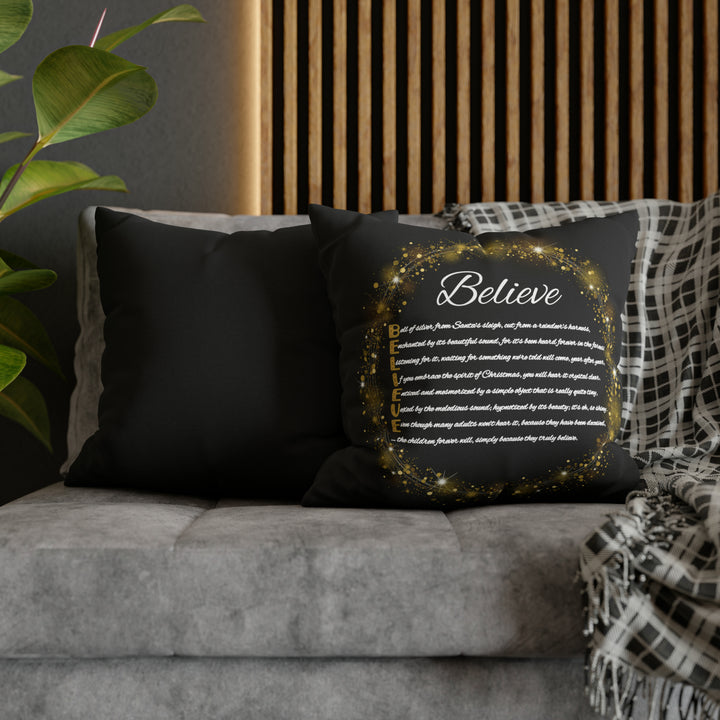 Holiday Pillow from "Learn, Lead, Believe" Collection with Acrostic Poem Spelling out "Believe".