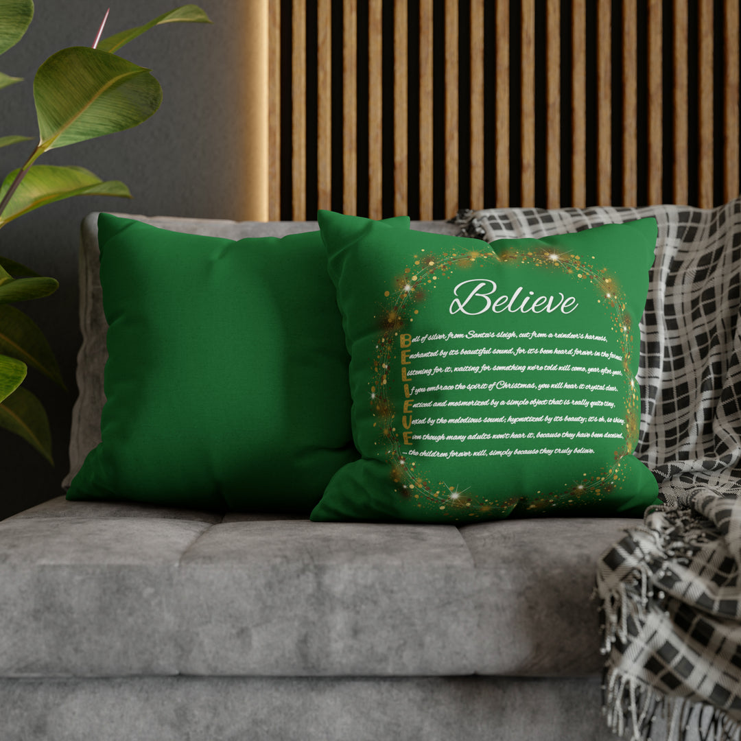 Holiday Pillow from "Learn, Lead, Believe" Collection with Acrostic Poem Spelling out "Believe".