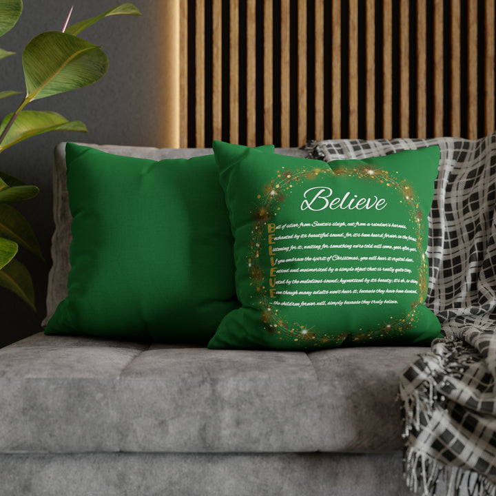 Holiday Pillow from "Learn, Lead, Believe" Collection with Acrostic Poem Spelling out "Believe".