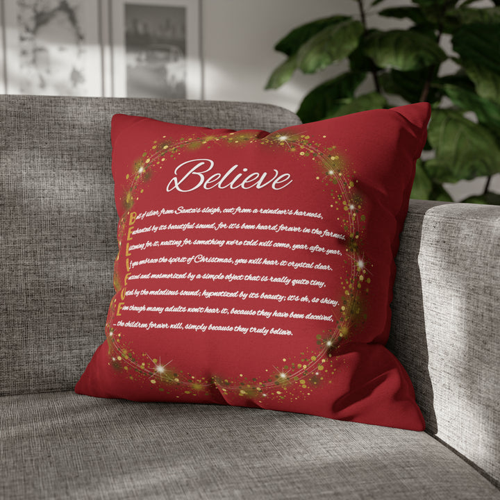 Holiday Pillow from "Learn, Lead, Believe" Collection with Acrostic Poem Spelling out "Believe".