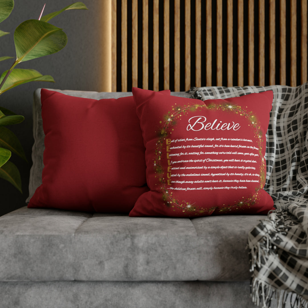 Holiday Pillow from "Learn, Lead, Believe" Collection with Acrostic Poem Spelling out "Believe".