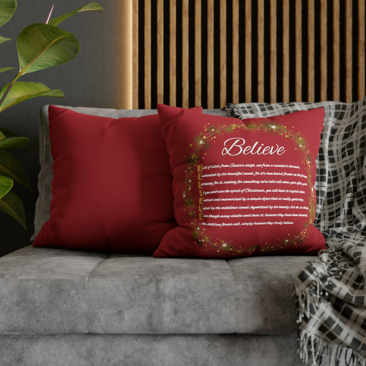 Holiday Pillow from "Learn, Lead, Believe" Collection with Acrostic Poem Spelling out "Believe".
