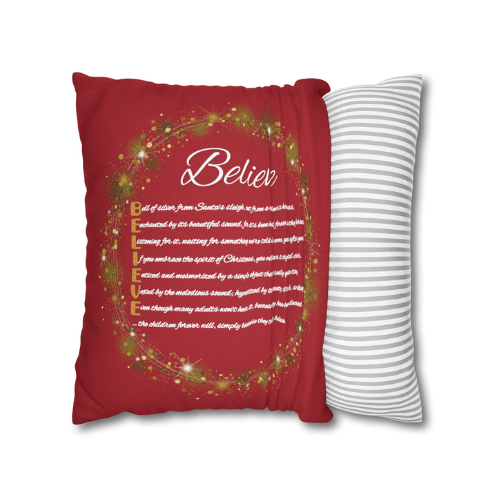 Holiday Pillow from "Learn, Lead, Believe" Collection with Acrostic Poem Spelling out "Believe".