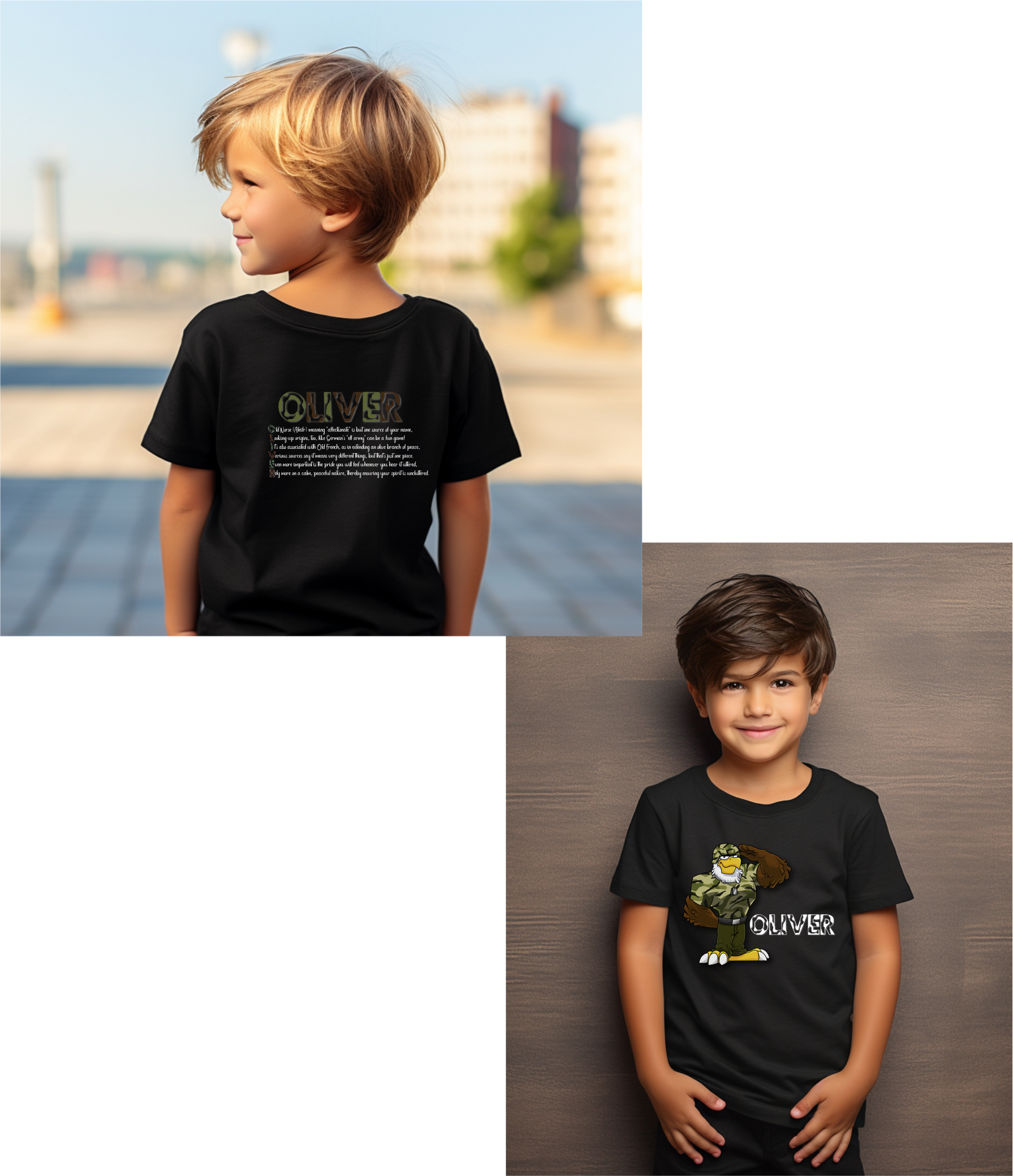 Two images, the top one showing a child wearing a black t-shirt with an acrostic poem design spelling out a name, and the bottom one showing a child wearing a black t-shirt with a different design.