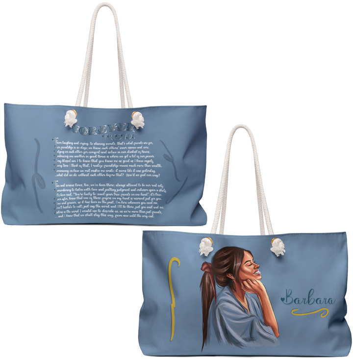 Blue Weekender Tote Bag with Acrostic Poem Spelling Out "Forever Friends"