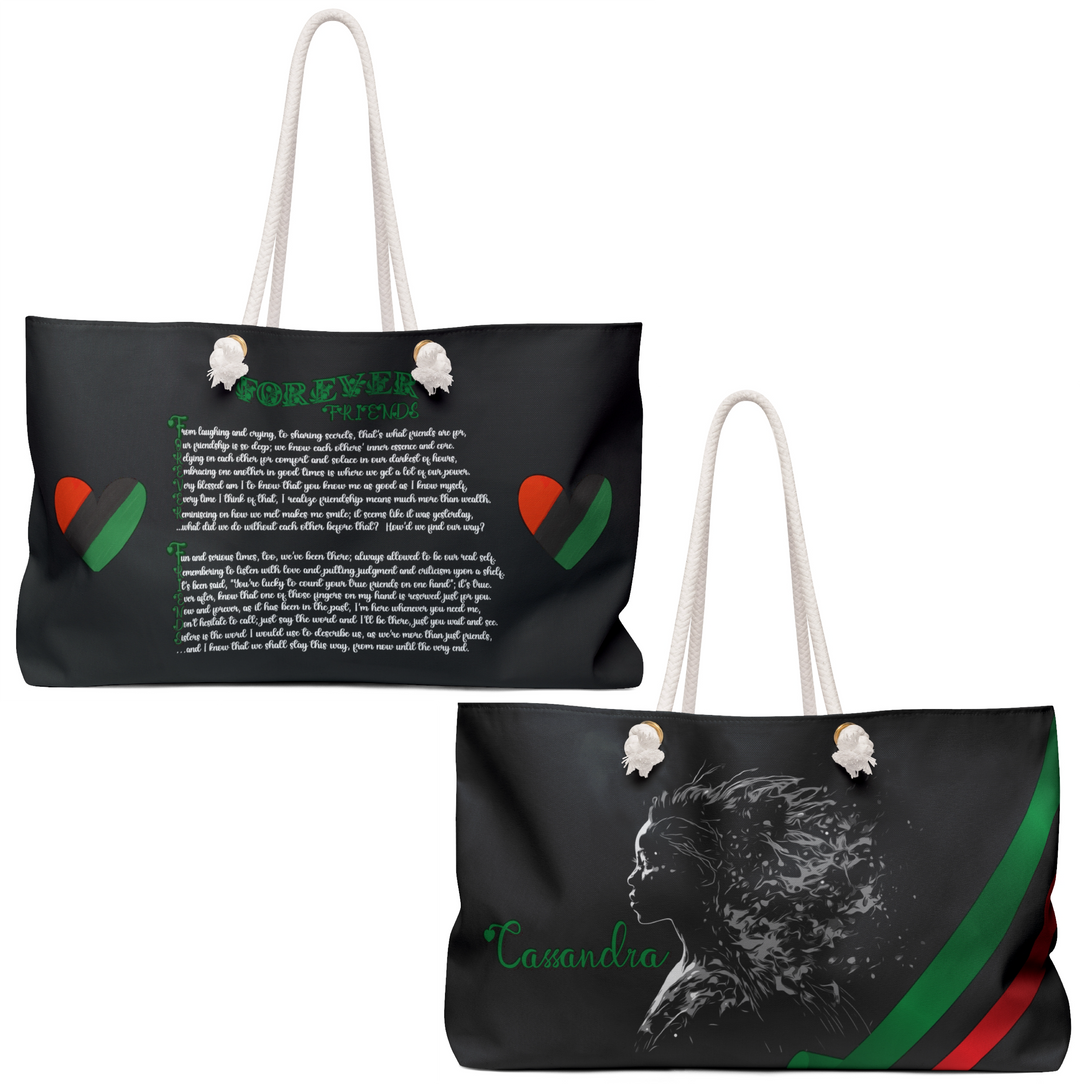 Black Weekender Tote Bag with Acrostic Poem Spelling Out "Forever Friends"