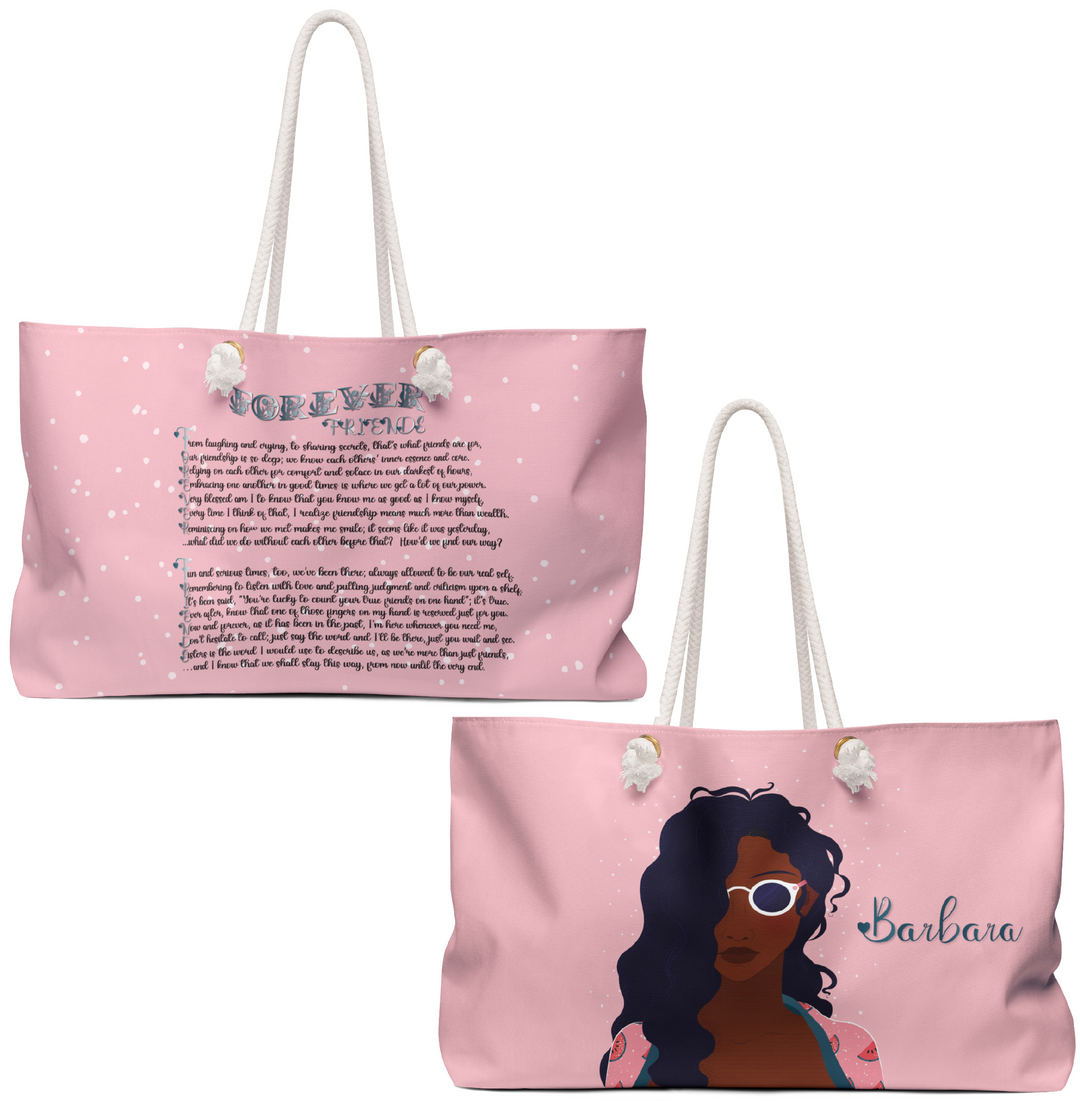 Pink Weekender Tote Bag with Acrostic Poem Spelling Out "Forever Friends"