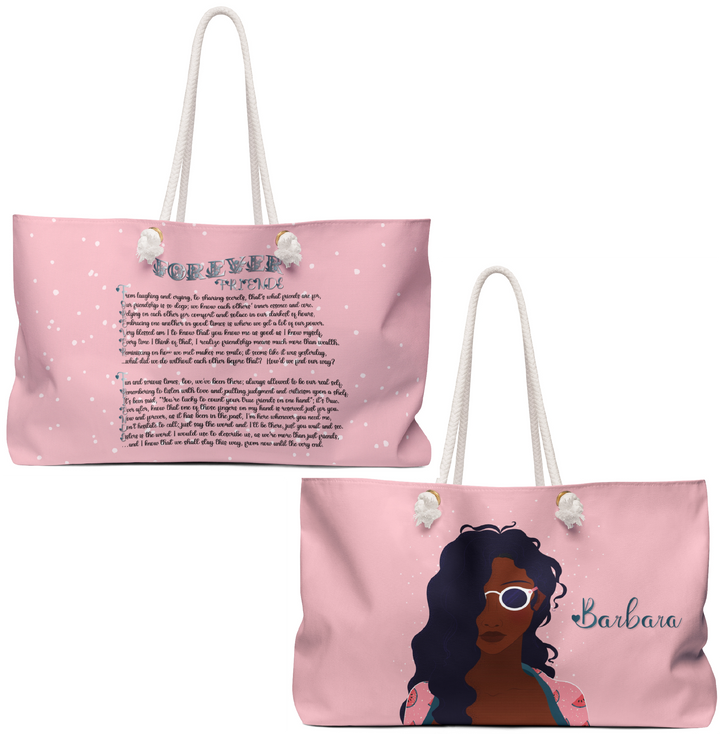 Pink Weekender Tote Bag with Acrostic Poem Spelling Out "Forever Friends"