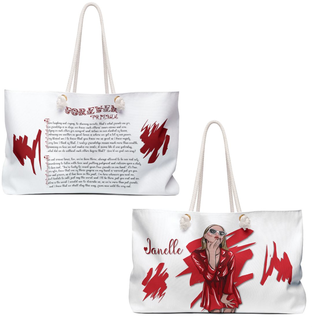 White and Red Weekender Tote Bag with Acrostic Poem Spelling Out "Forever Friends"