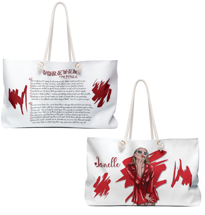 White and Red Weekender Tote Bag with Acrostic Poem Spelling Out "Forever Friends"