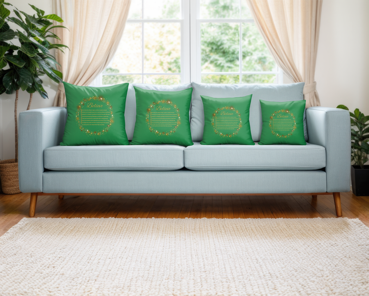 Holiday Pillow from "Learn, Lead, Believe" Collection with Acrostic Poem Spelling out "Believe".