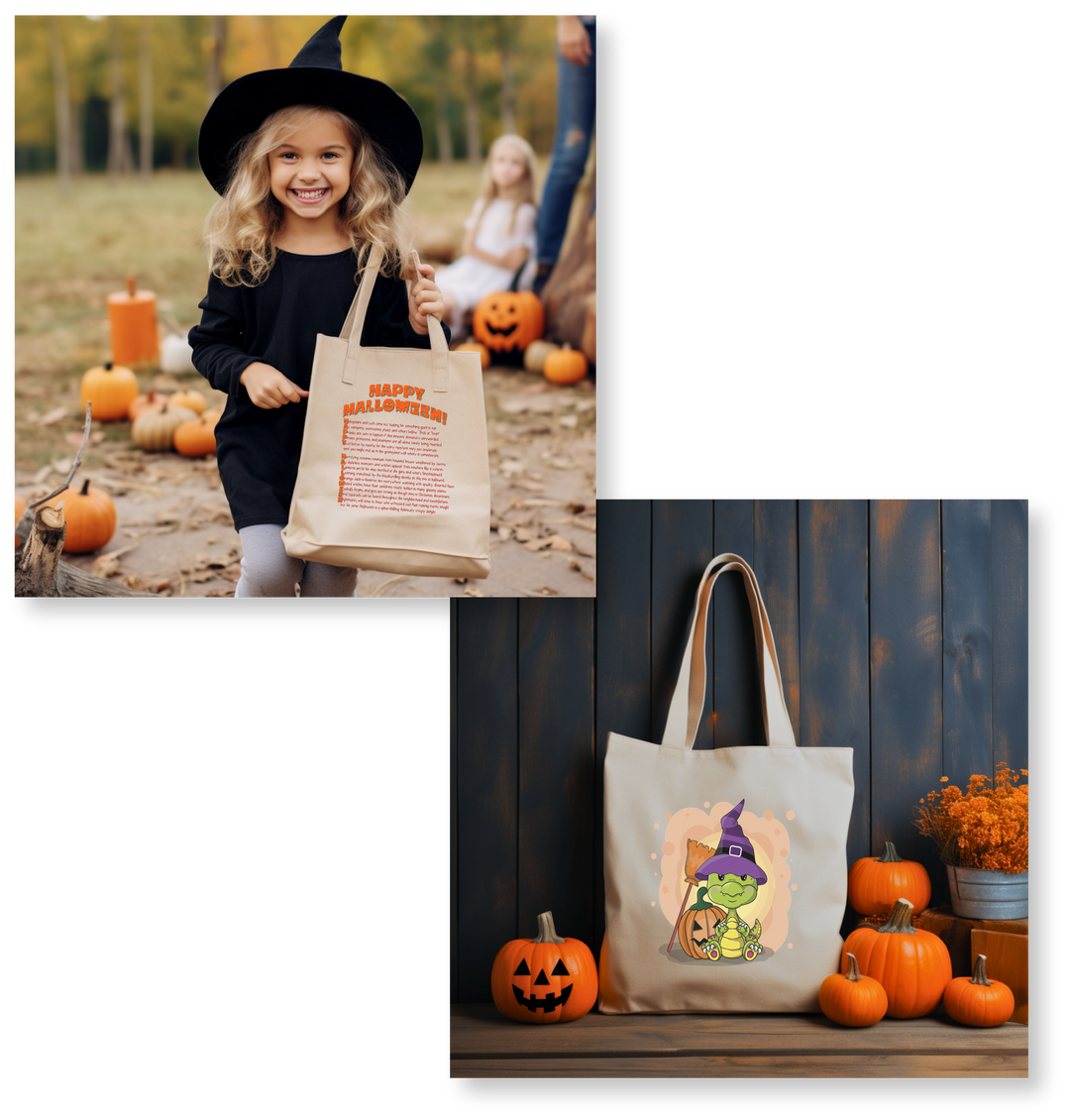 Cute Baby Dragon Candy Bag Tote with Acrostic Poem spelling out "Happy Halloween"