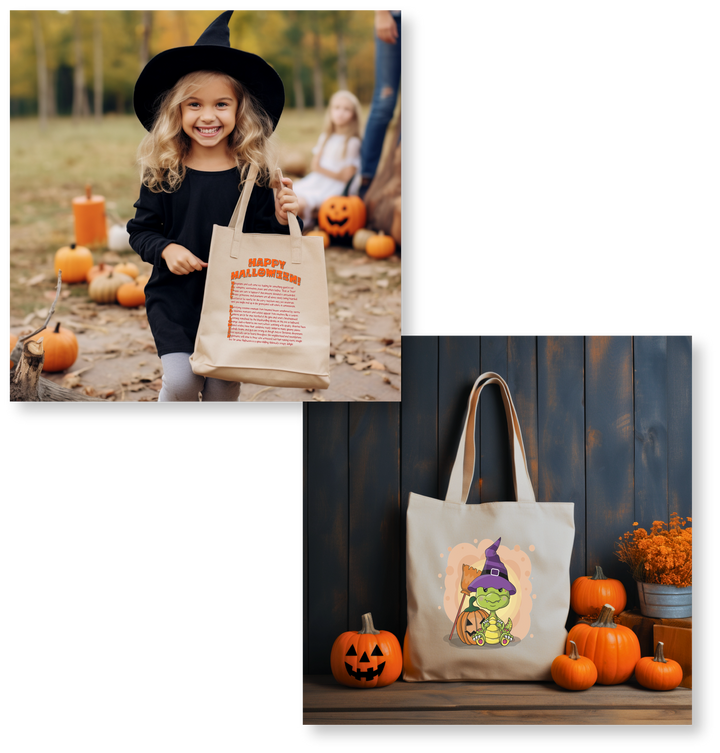 Cute Baby Dragon Candy Bag Tote with Acrostic Poem spelling out "Happy Halloween"