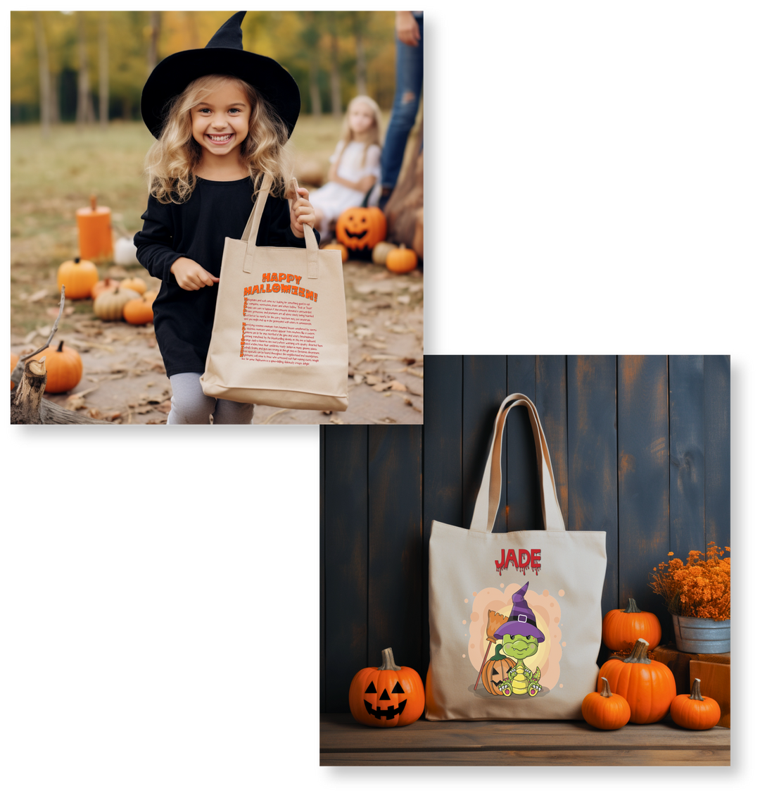 Cute Baby Dragon Candy Bag Tote with Acrostic Poem spelling out "Happy Halloween"