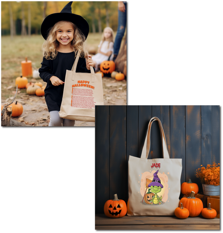 Zombie Hand With Rock On Sign Candy Bag Tote with Acrostic Poem spelling out "Happy Halloween"