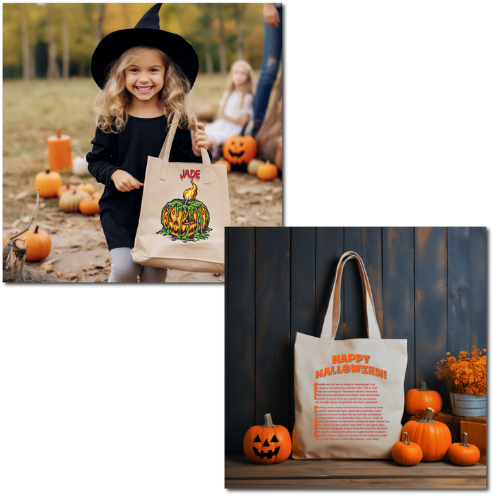 Creepy Pumpkin Candy Bag Tote with Acrostic Poem spelling out "Happy Halloween"