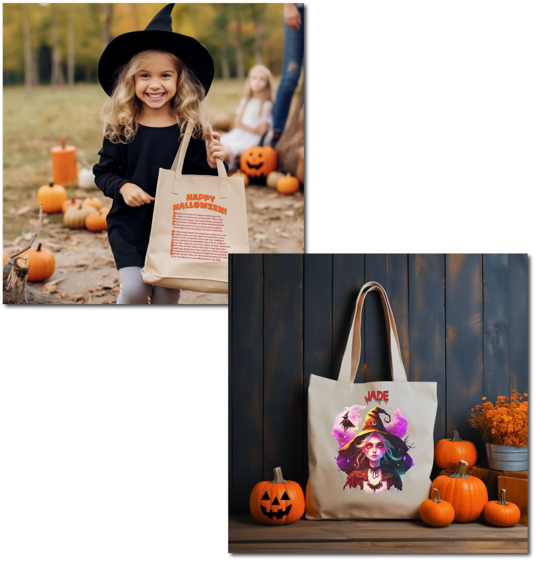 Creepy Witch Candy Bag Tote with Acrostic Poem spelling out "Happy Halloween"