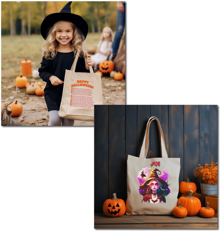 Creepy Witch Candy Bag Tote with Acrostic Poem spelling out "Happy Halloween"