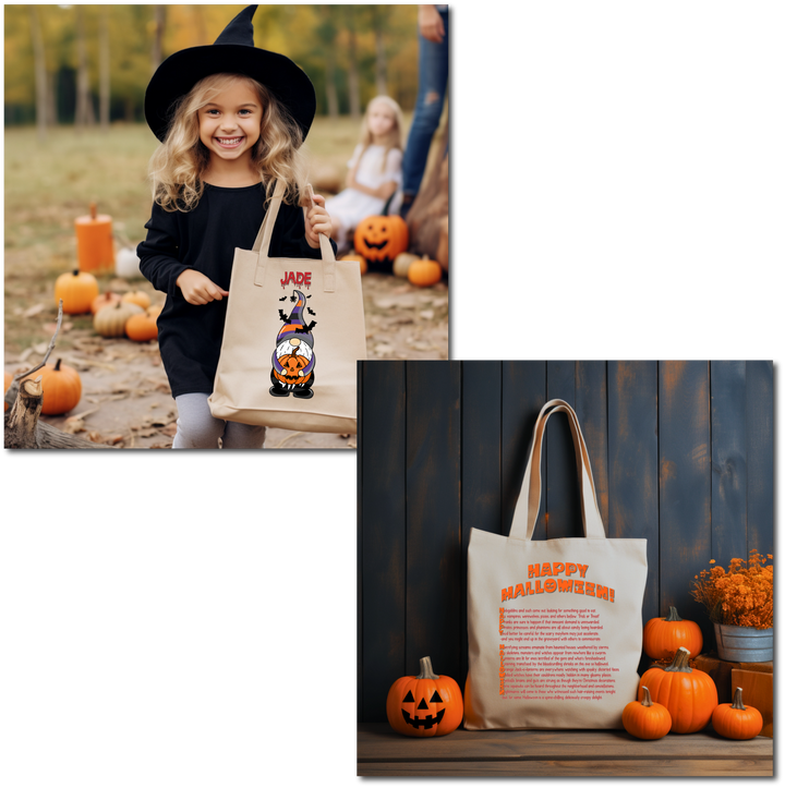 Cute Gnome Holding Pumpkin  Candy Bag Tote with Acrostic Poem spelling out "Happy Halloween"