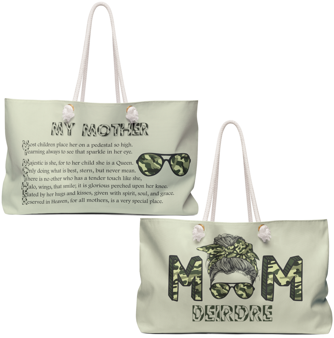 Camo Text Weekender Tote Bag with Acrostic Poem Spelling Out "My Mother"
