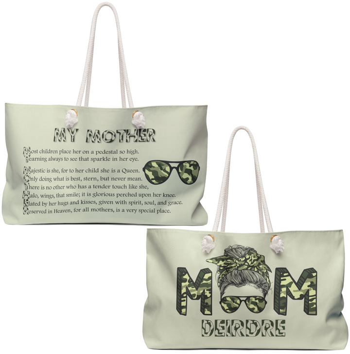 Camo Text Weekender Tote Bag with Acrostic Poem Spelling Out "My Mother"