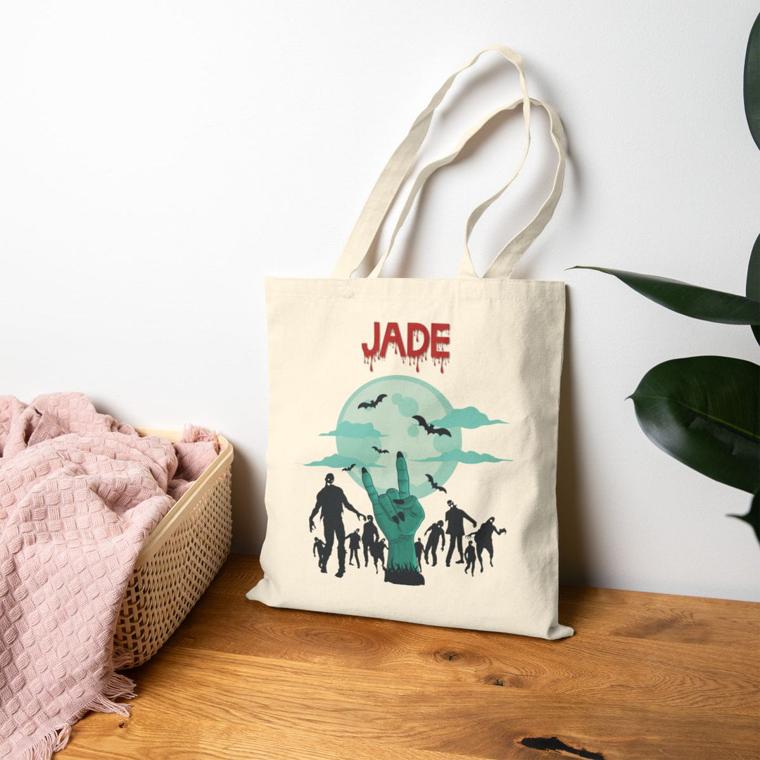 Happy Halloween Acrostic Poem Canvas Candy Tote Bag - "Rock On" Hand-Zombies - Personalized