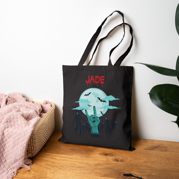Happy Halloween Acrostic Poem Canvas Candy Tote Bag - "Rock On" Hand-Zombies - Personalized