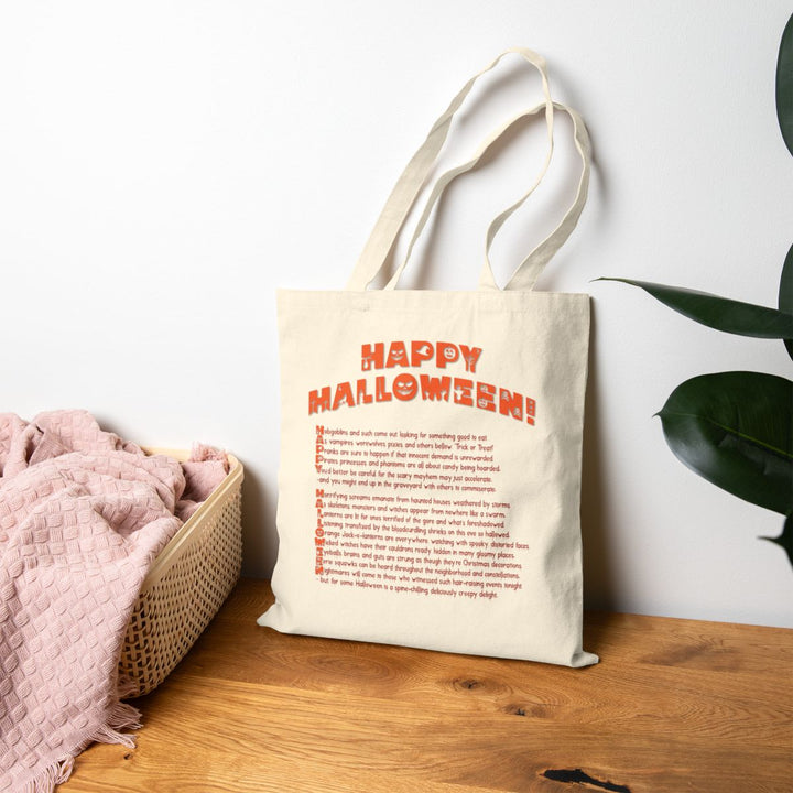 Happy Halloween Acrostic Poem Canvas Candy Tote Bag - "Rock On" Hand-Zombies - Personalized