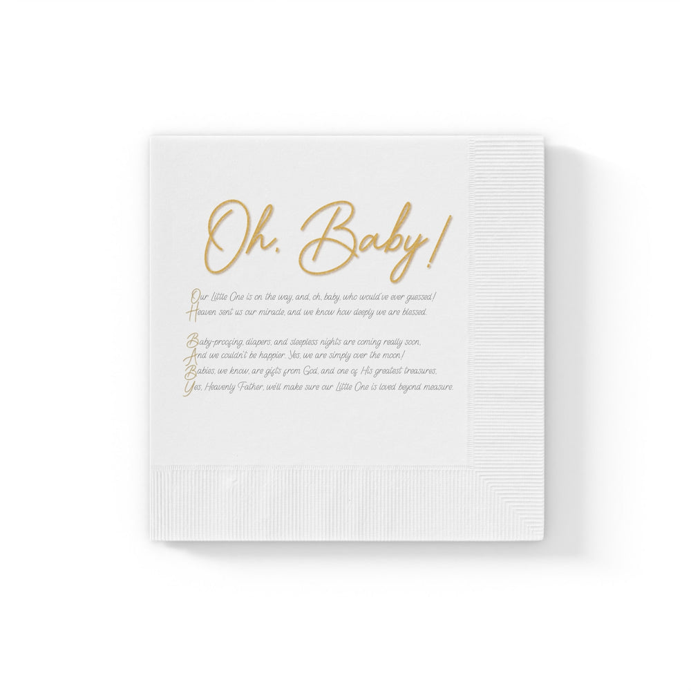 White Coined Napkins; part of Oh, Baby! Baby Shower Collection. Poem spells out, "Oh, Baby!" Great as Accessories and Decorations.