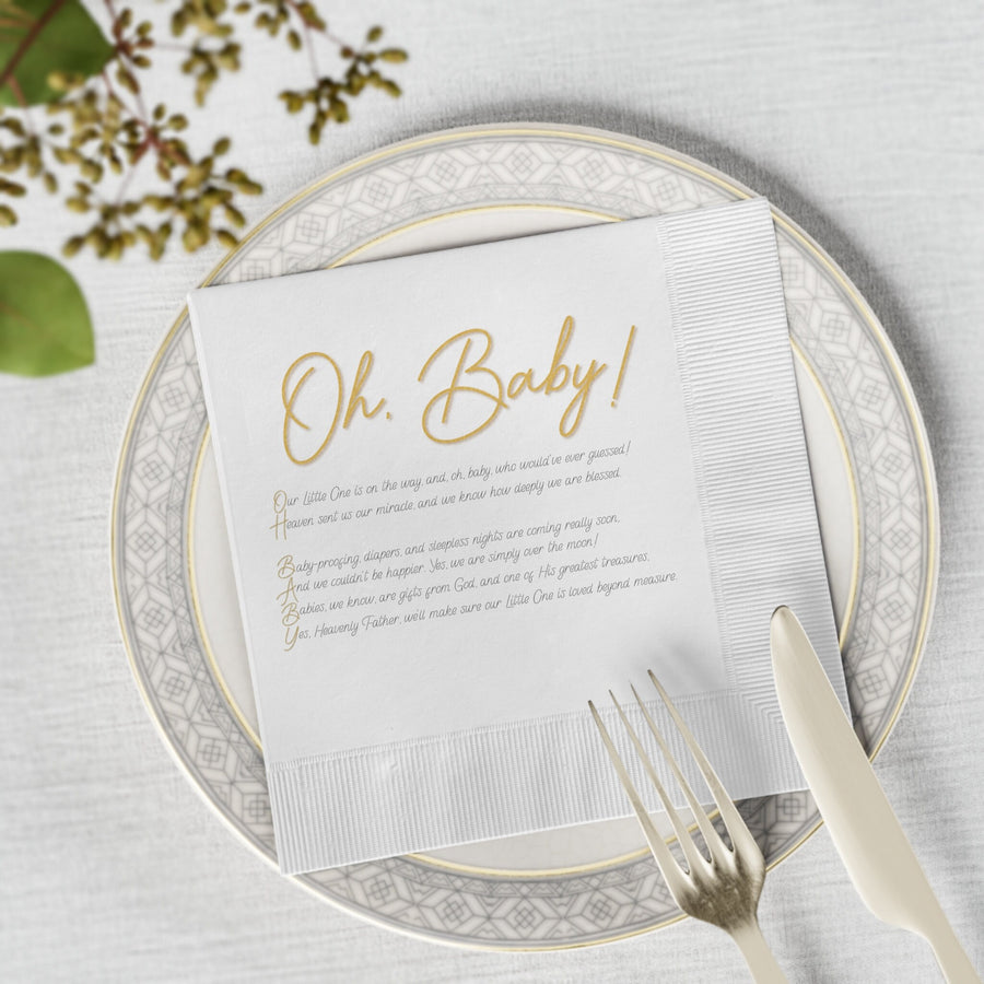 White Coined Napkins; part of Oh, Baby! Baby Shower Collection. Poem spells out, "Oh, Baby!" Great as Accessories and Decorations.